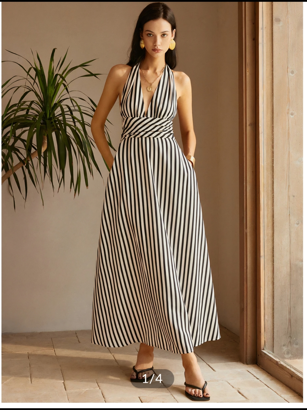 Commense Striped Halter Maxi Dress - Black & White With Pocket.